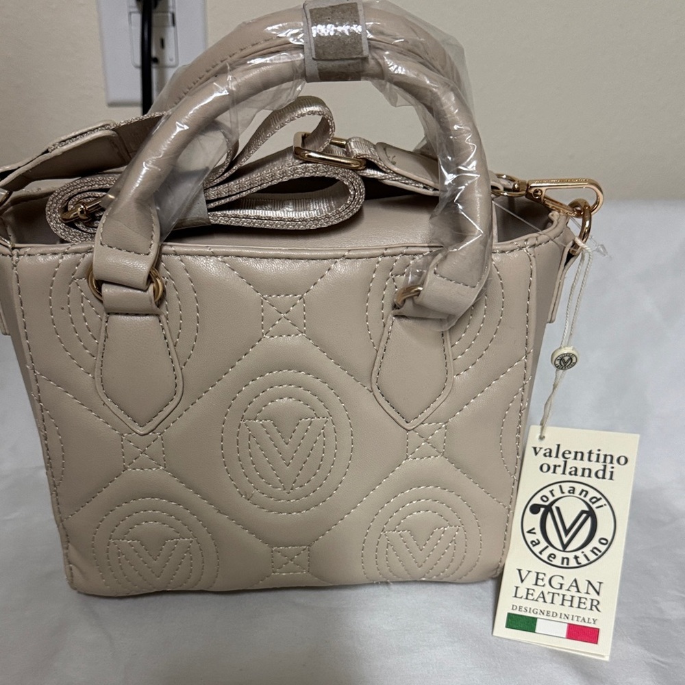 Valentino Orlandi Taupe Quilted Vegan Leather Satchel